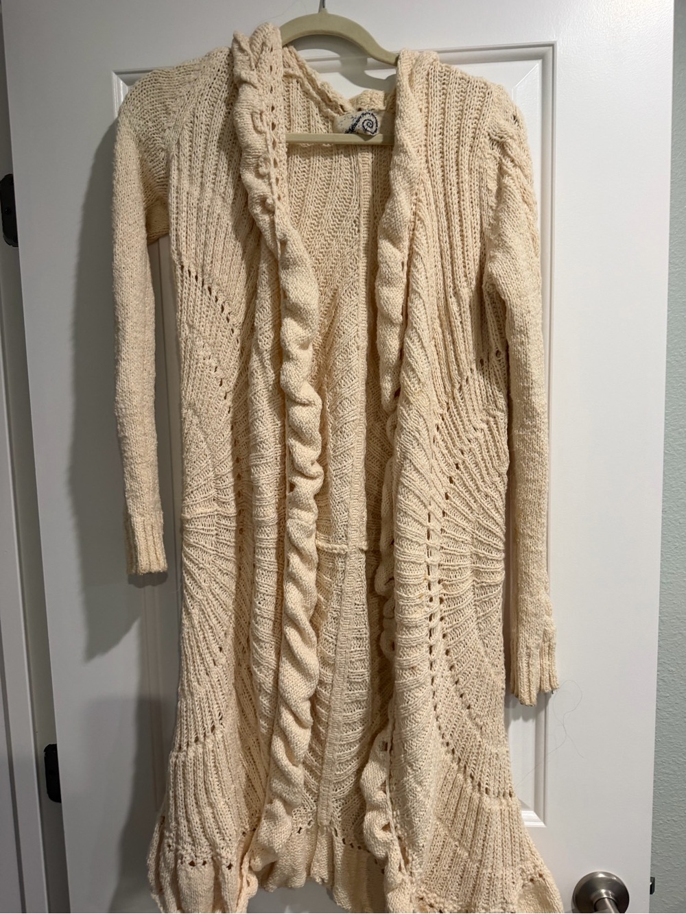 Anthropologie Cream Cable-Trim Long Open Cardigan